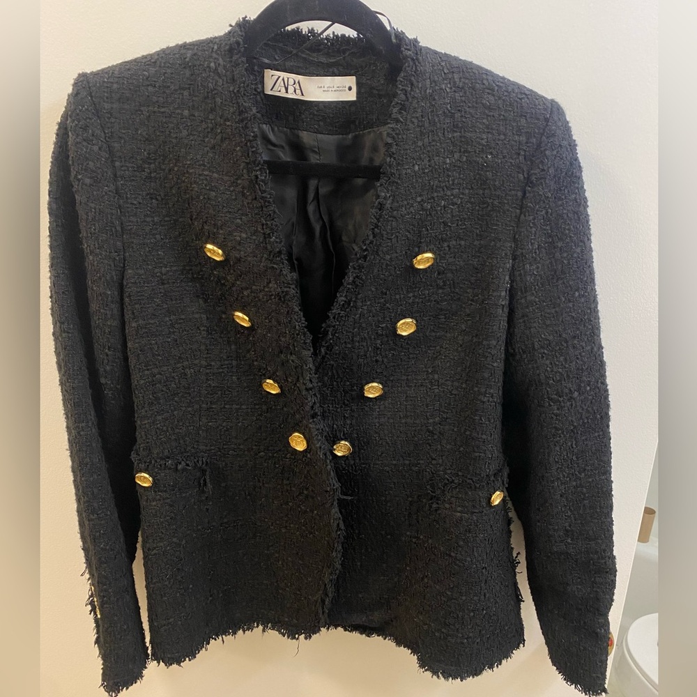 Zara Black Tweed Blazer with Gold Buttons